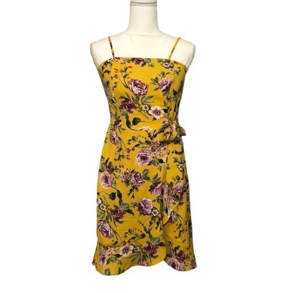 CLEARANCE NWOT Gold Yellow Floral Faux Wrap Ruffle Dress New